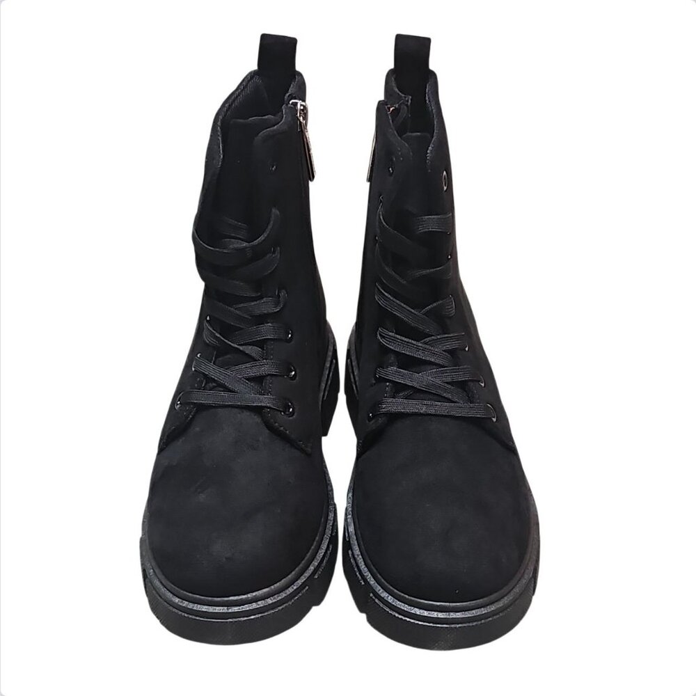 Black Chunky Platform Lace-Up Ankle Boots With Side Zipper Faux Suede Material W - Picture 4 of 7